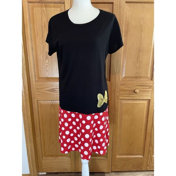 Disney Minnie Rocks‎ The Dots Polka Dot Black Red Dress Gold Bow Size Large - Picture 1 of 12